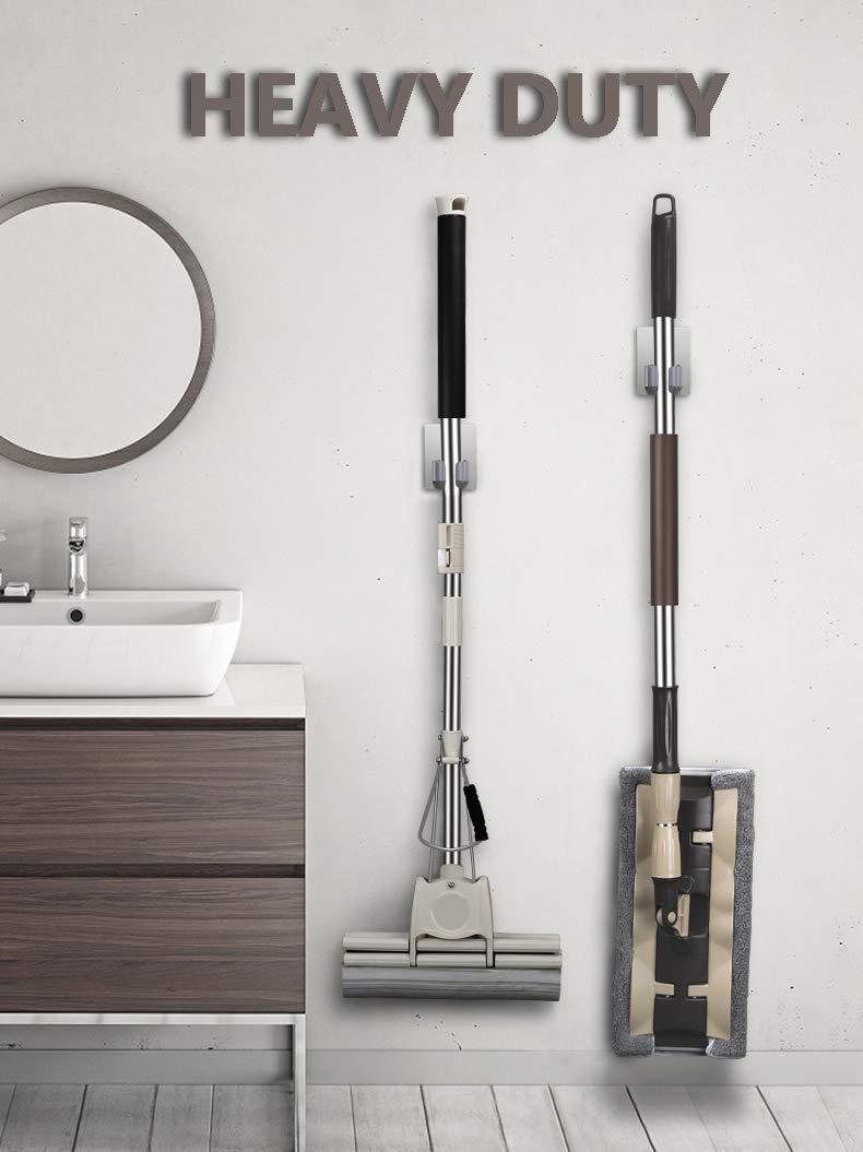 HANZE 2 Pack Stainless Steel Mop Broom Holder Organizer, Self Adhesive Wall Mounted Mop Organizer Storage Rack Clip for Kitchen Bathroom and Garage (Rectangle, Large) 2 Pack (Rectangle)