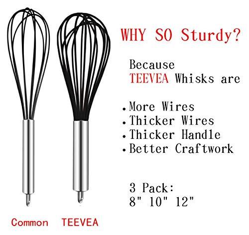 TEEVEA (Upgraded) 3 Pack Very Sturdy Kitchen Silicone Whisk Balloon Wire Whisk Set Egg Beater for Blending Whisking Beating Stirring Cooking Baking Silicone Whisk Black 3 Pack