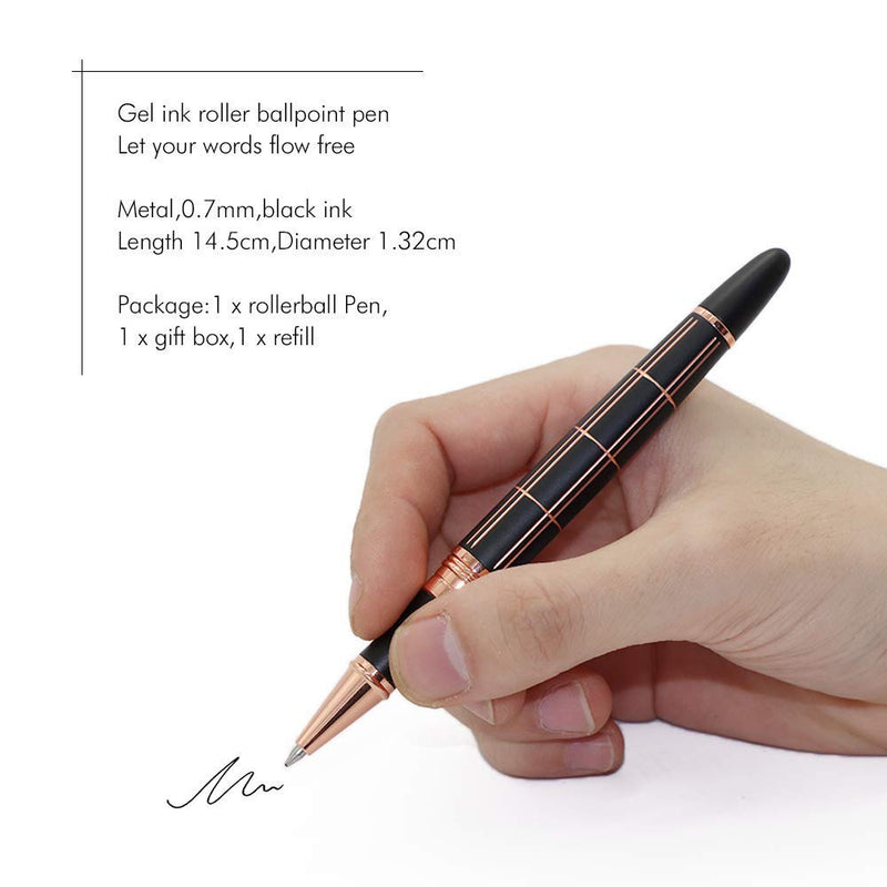 Rose Gold Gel Ink Rollerball Pen - Geometric Stripe Style Copper Grip Metal Pens in Adorable Box with 1 Extra Refill (Black Ink, 0.7mm Fine Point)