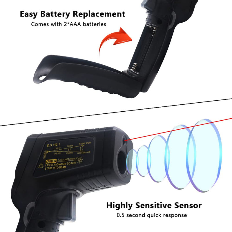 KETOTEK Infrared Thermometer Gun Non Contact Digital Laser Temperature Gun -58℉~1112℉ (-50°C~600°C) Adjustable Emissivity IR Gun for Cooking Food Barbecue Pizza Oven Freezer Fridge Black