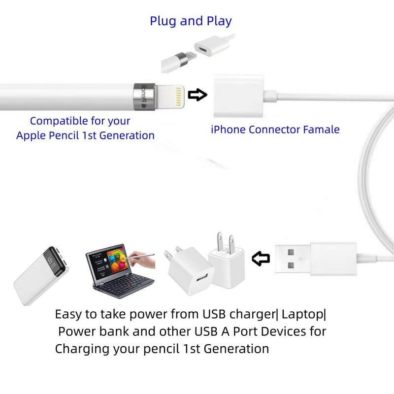 Design for Apple Pencil Charging Adapter Compatible with Apple Pencil 1st Generation,3.3FT iPencil 1 Gen Accessories Charger Cable Help for i Pad Extend Battery Life & Protect Charging Port (1 Pack) 1 Pack 3.3 FT