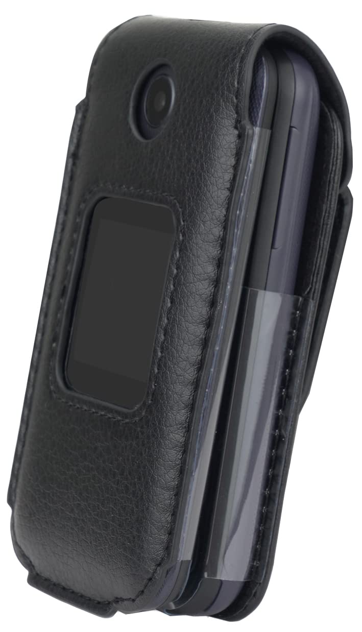 Case for Alcatel Go Flip 4 / TCL Flip Pro Phone, Nakedcellphone [Black Vegan Leather] Form-Fit Cover with [Built-in Screen Protection] and [Metal Belt Clip]