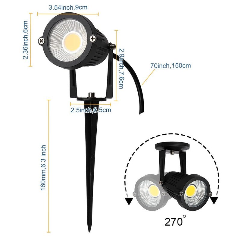5W LED Spotlight Lamp, Indoor Spot Lights for Plants Uplights Accent Lighting ,120V Landscape Lights Warm White Up Light 6FT Cord with US 3 Prong (2 Pack Base and Stake Included)