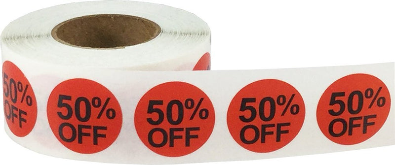 50% Off Stickers, Sale Tags, 0.75-Inch Price Tags, 500 Adhesive Labels Red 50% Off