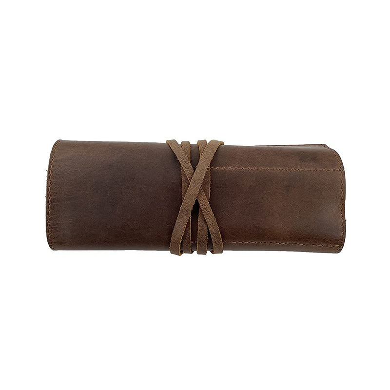 Hide & Drink, Rustic Leather Pencil Roll Pouch, Multi Purpose Storage Wrap for Scissors, Earphones, Organizer for Craft, Work, Study, Handmade Includes 101 Year Warranty :: Bourbon Brown