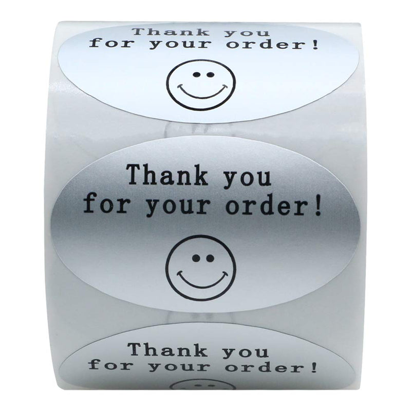 Hybsk 50mmx30mm Oval Silver Metallic Foil Thank You for Your Order Retail Mailing Stickers 500 Labels Per Roll (Silver)