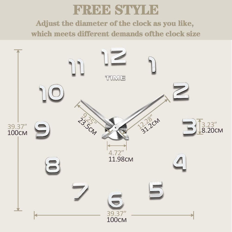 Vangold Frameless DIY Wall Clock 3D Mirror Wall Clock Large Mute Wall Stickers for Living Room Bedroom Home Decorations Silver