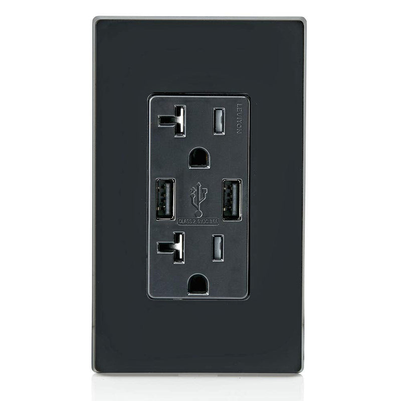 Leviton T5832-E 20-Amp USB Charger/Tamper Resistant Duplex Receptacle, Black, 1-Pack 1 Pack