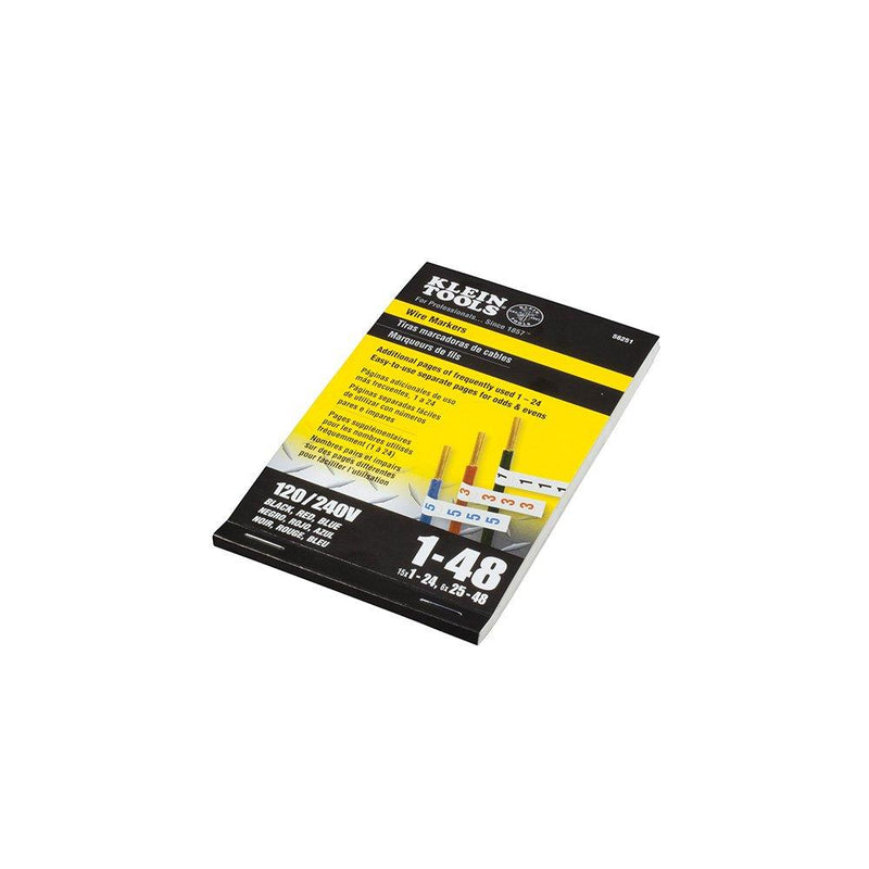 Klein Tools 56251 Wire Marker Book 120/240V 3 Phase 1-48, Black, Blue, Red Printed on White