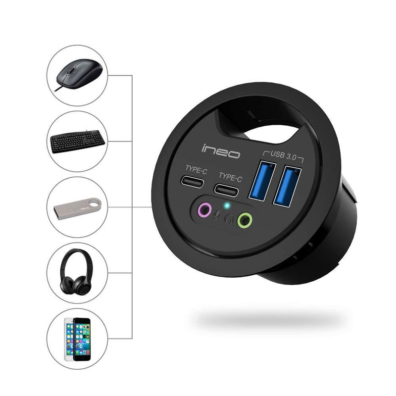 ineo Grommet Desk-Fit (Diameter 2.3" to 2.4") 2Type A + 2Type C with 3.5mm Audio Mic Jack + 3.2" Expandable case (Power is not Included)[THC06 - VI Plus]