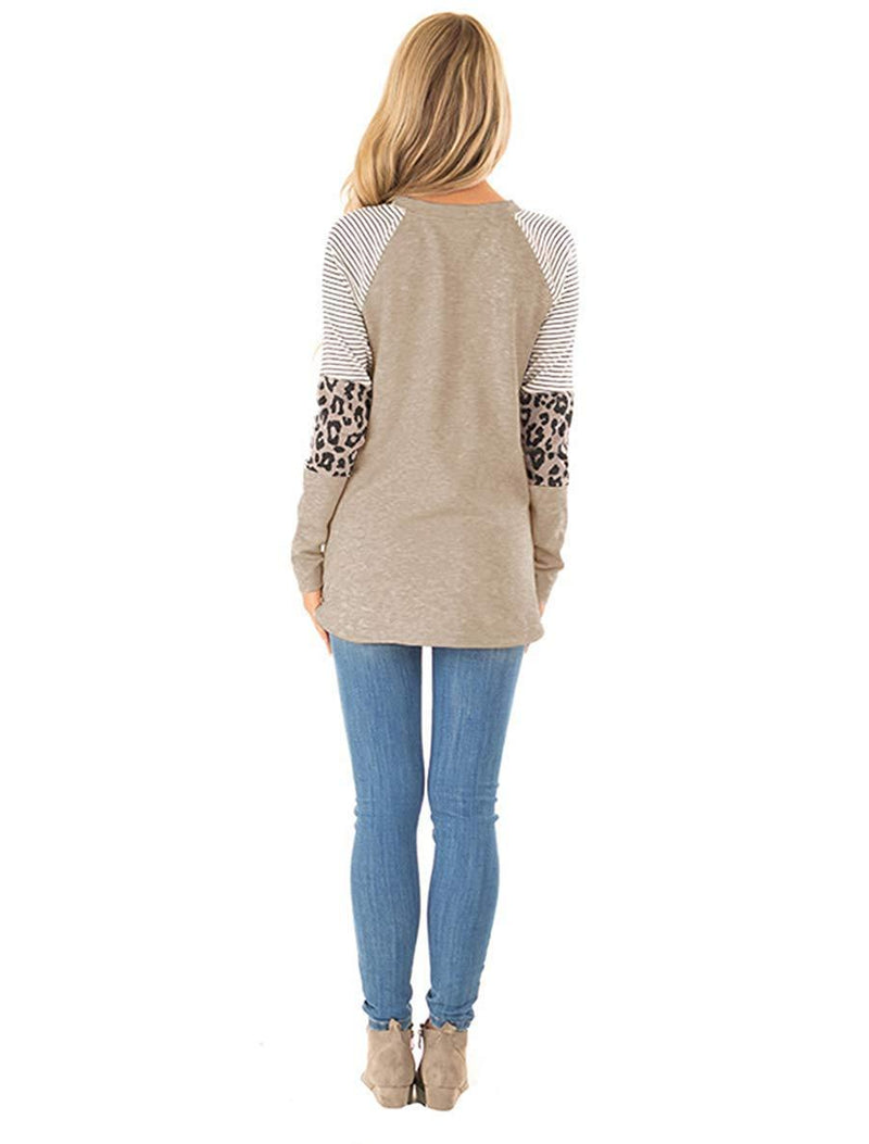 HARHAY Women's Leopard Print Color Block Tunic Round Neck Long Sleeve Shirts Striped Causal Blouses Tops Small 01 Khaki
