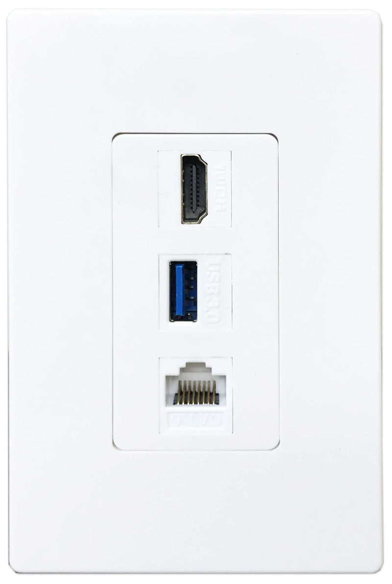 diyTech Premium 1 HDMI, 1 USB, 1 Ethernet Cat 6 RJ45, Pass Through, with Mounting Bracket, for Ethernet HDMI USB Setups, Screwless Wall Plate Outlet - White