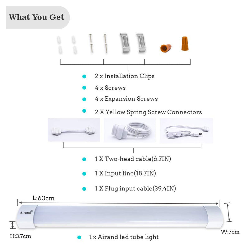 Utility LED Shop Light Fixture 2FT 4FT with Plug, Airand Waterproof Linkable LED Tube Light 5000K Under Cabinet Lighting,1800 LM LED Ceiling and Closet Light 18W, Corded Electric with ON/Off Switch 2 FT/With Plug
