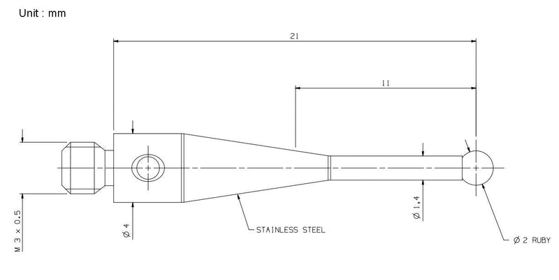 Stylus inserts for tactile measuring probes M3 thread 21mm length shaft made of stainless steel 2mm ruby ball A-5000-3552