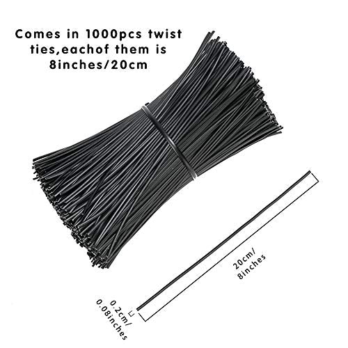 SumDirect 1000Pcs 8 Inch Plastic Twist Ties,Cable Ties for Making Facial Face Mask Plants Party Cello Candy Gift Bags Cake Pops-Black