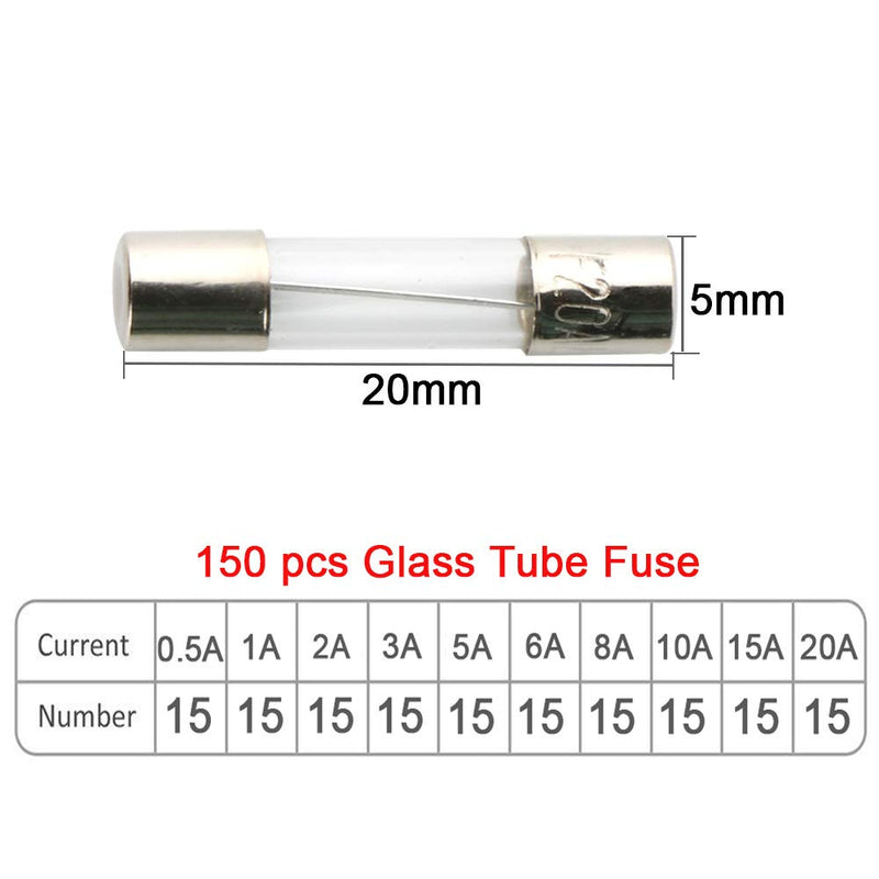 QitinDasen 150 pieces professional 5 x 20 mm car glass tube fuses, quick blow glass fuse, fast blow glass fuses, with 20 pieces fuse seat and 5 pieces AGC fuse holder 5 x 20 mm - 175 pieces