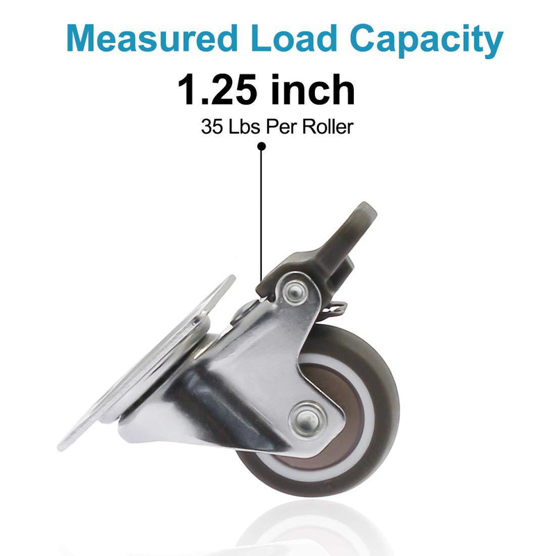 Luomorgo 4 Pack 1.25" Caster Wheels with Brakes Rubber Swivel Heavy Duty Casters with 360 Degree Top Plate, 140 lbs Total Capacity Caster, 20 Screws & A Handy Screwdriver for Free