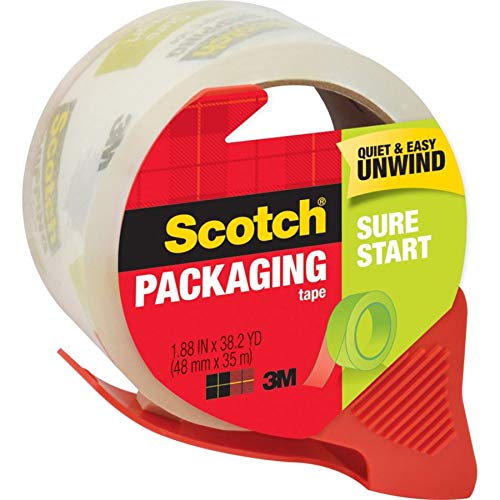 Scotch Sure Start Shipping Tape with Dispenser, 1.88 in. x 38.2 yd., Clear, 1 Dispenser/Pack 1 Roll 1.88" x 38.2 yards