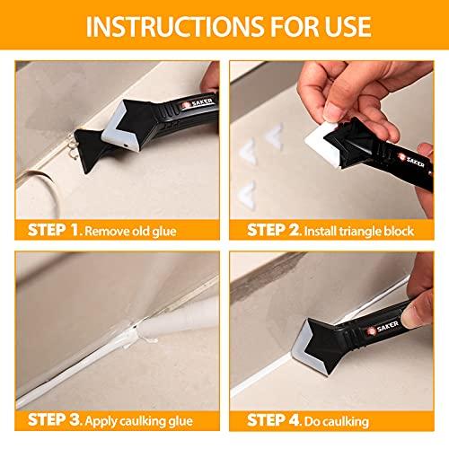 Saker Silicone Caulking Tools, 3 in 1 Sealant Finishing Tool Grout Remove Scraper Stainless Steelhead, Great Tool Kit Heavy Duty Glue Guns for Bathroom Kitchen Floor Window