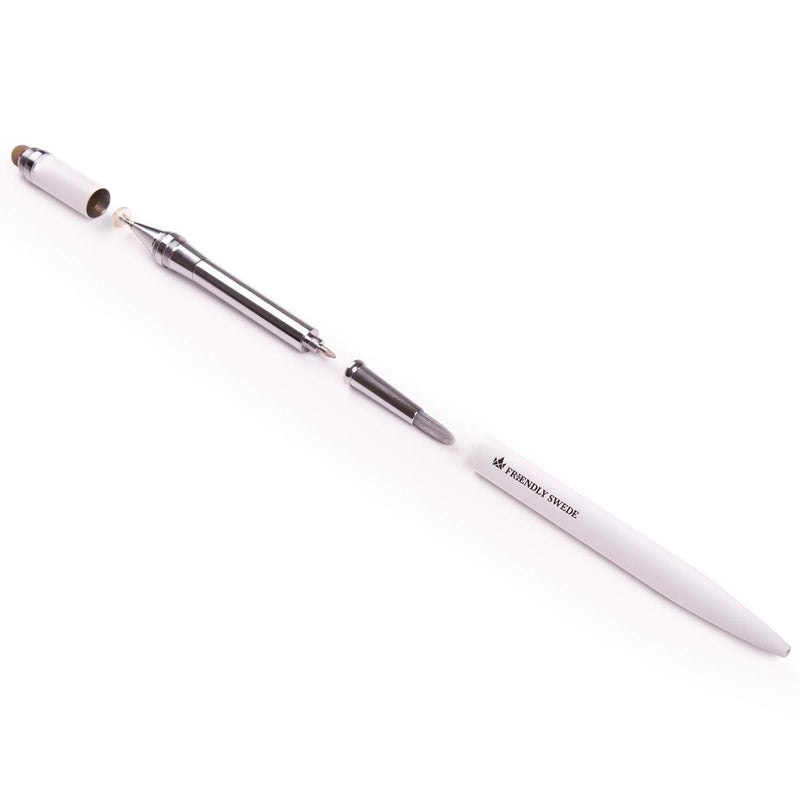 Capacitive 4-in-1 Stylus Pen with Replaceable Brush, Fiber Tip, Precision Disc + Ballpoint Pen in Box, by The Friendly Swede (White) White