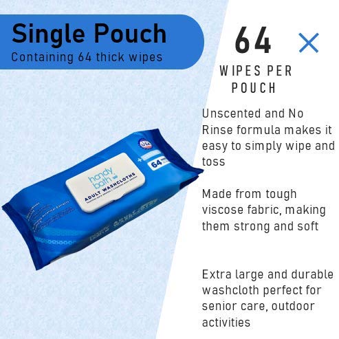 Handybath Incontinence Adult Washcloths Rinse-Free 64 Wipes Pouches Unscented Containing Washcloths Wipes Size 12 x 9" Each Made with Aloe & Chamomile for Adult Care Camping Outdoor Activities