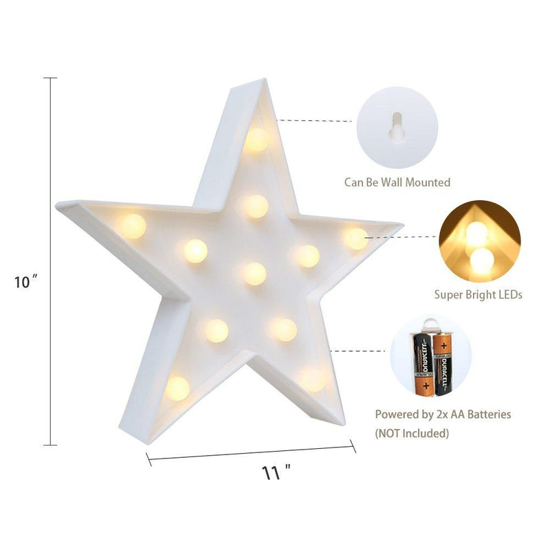 Novelty Place Designer Star Marquee Sign Lights, Warm White LED Lamp - Living Room, Bedroom Table & Wall Christmas Decoration for Kids & Adults - Battery Powered 10 Inches High