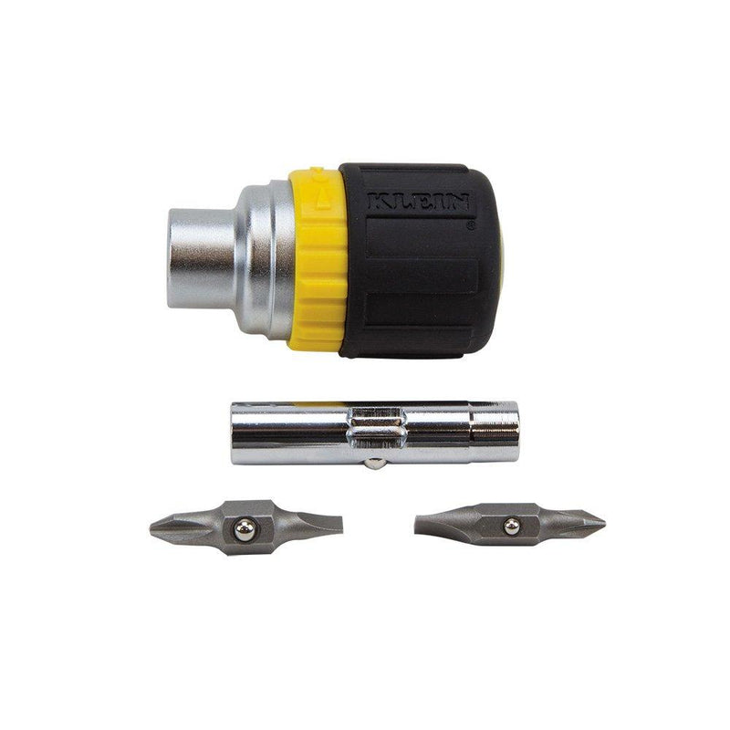 Klein Tools 32593 6-In-1 Stubby Ratcheting Screwdriver with 4 Screwdriver bits, 2 Nut Driver Bits, and a Cushioned Grip