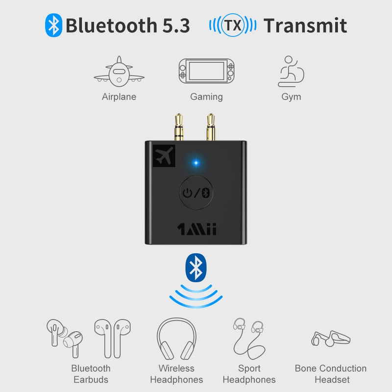 1Mii B05 Airplane Bluetooth 5.3 Adapter for Headphones W/Portable Charging Case Support aptX Adaptive/HD/Low Latency, Wireless Bluetooth Audio Transmitter for Use on Airline or in Gym Grey