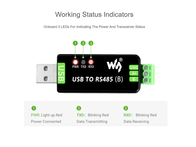 Waveshare Industrial USB to RS485 Converter with original CH343G and SP485EEN 300bps ~ 3Mbps Baudrate Built-In Lightningproof Tube,Resettable Fuse, ESD and TVS Protection Circuits