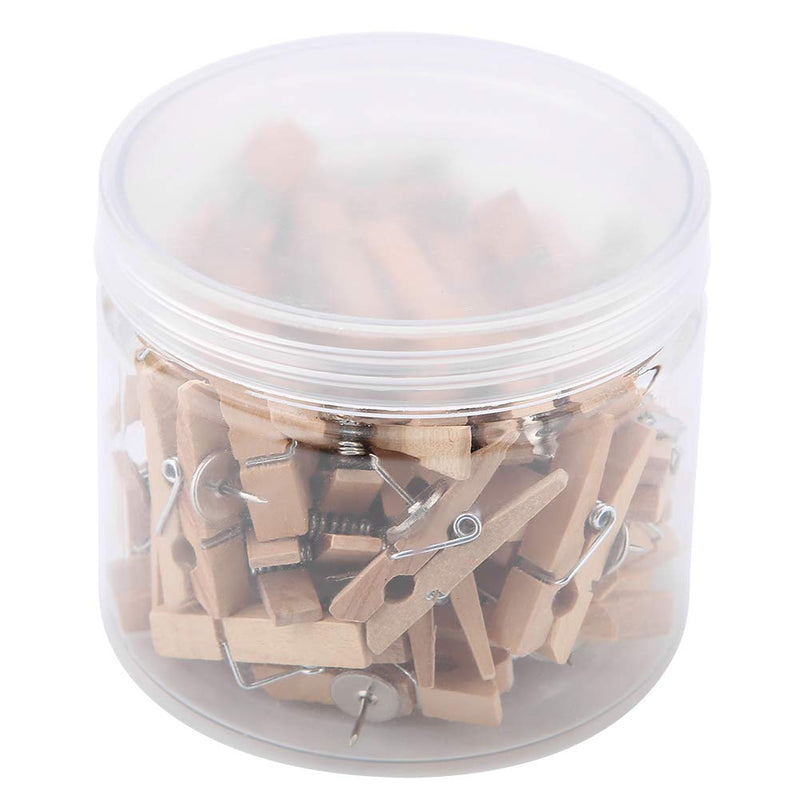 50pcs Push Pin Clip with Wooden Clips Pushpins Tacks Thumbtacks Wood Clothespins Craft Pegs Clips for Cork Boards Notes Photos