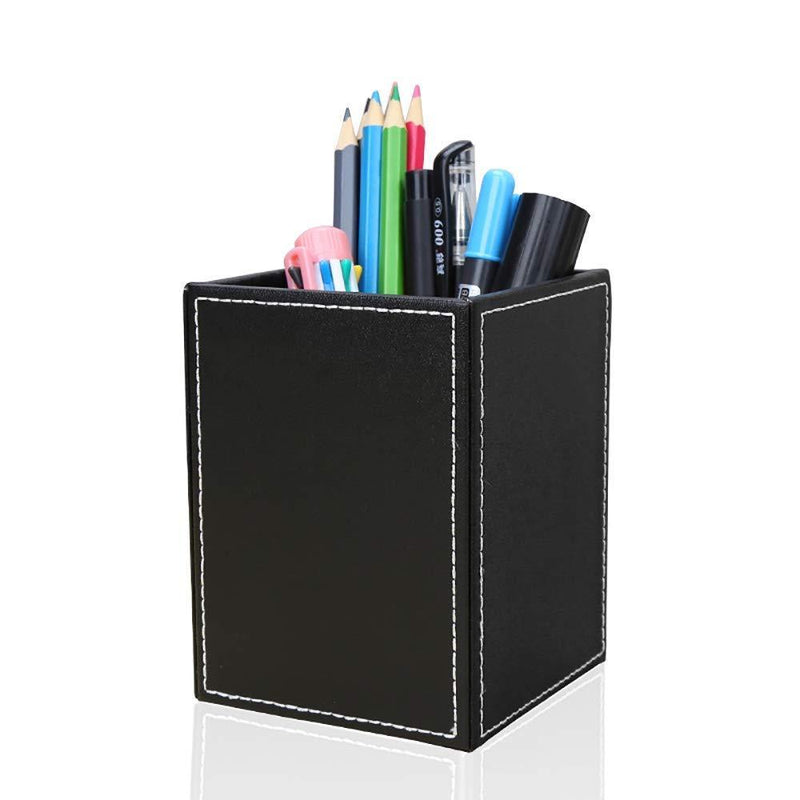 KINGFOM PU Leather Square Pens Pencils Holder Cup Desktop Stationery Organizer Case Office Accessories Container Box (black) Black-S