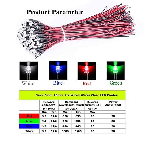 Diode LED lights, 50pcs 3/5/10mm DC 9-12V round water LED diode free emitting, LED pre-wired white/red/blue/green/light(3mm-white) 3mm white