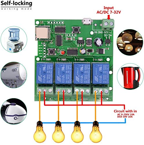 Newgoal WiFi Wireless Inching Relay Monentary/Self-Locking Switch Module DIY Smart Home Remote Control DC 5-32V AC90-260V Ewelink App iOS/Andriod Compatible with Alexa Echo Google Home IFTTT (DC4) DC4