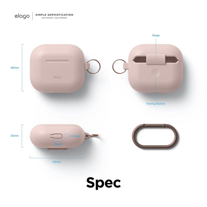 elago Silicone Case Compatible with AirPods 3 Case Cover - Compatible with AirPods 3rd Generation, Carabiner Included, Supports Wireless Charging, Shock Resistant, Full Protection (Sand Pink) Sand Pink