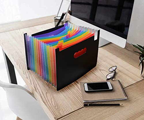 Yansanido 12 Pockets File Organiser A4 File Folder File Organizer, Expanding File Folder Rainbow Document Organiser High Capacity Plastic Bag (Black Rainbow -12 Pockets) Black Rainbow -12 Pockets