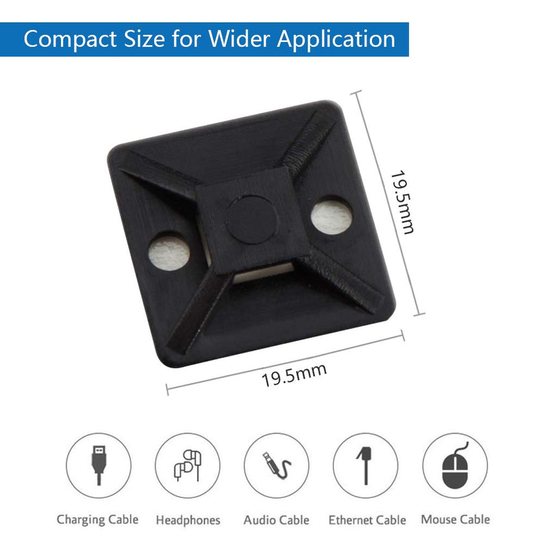 Self Adhesive Cable Tie Mounts - 3M Strongly Adhesive-Backed Zip Tie Base Holders for Home, Office Cable Wire Management(19.5mm x 19.5mm, Black, 100pack) 19.5mm x 19.5mm