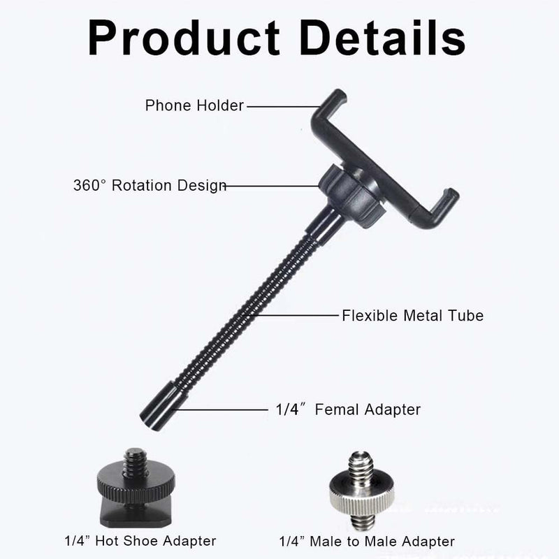 Phone Holder for Ring Light and Tripod Stand with 1/4" Female Thread Adapter, Flexible Gooseneck Phone Tripod Mount with Detachable Hot Shoe and 1/4" to 1/4" Male Threaded Converter Fits Most Devices