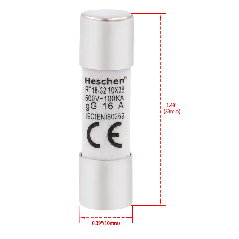 Heschen Pack of 10 Cylindrical Ceramic Tube Fuse RT18-32 (RO15) 10x38mm 16A 500V CE