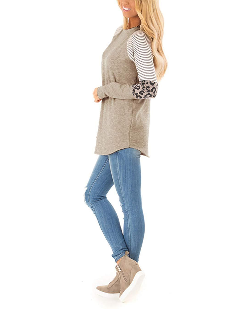 HARHAY Women's Leopard Print Color Block Tunic Round Neck Long Sleeve Shirts Striped Causal Blouses Tops Small 01 Khaki