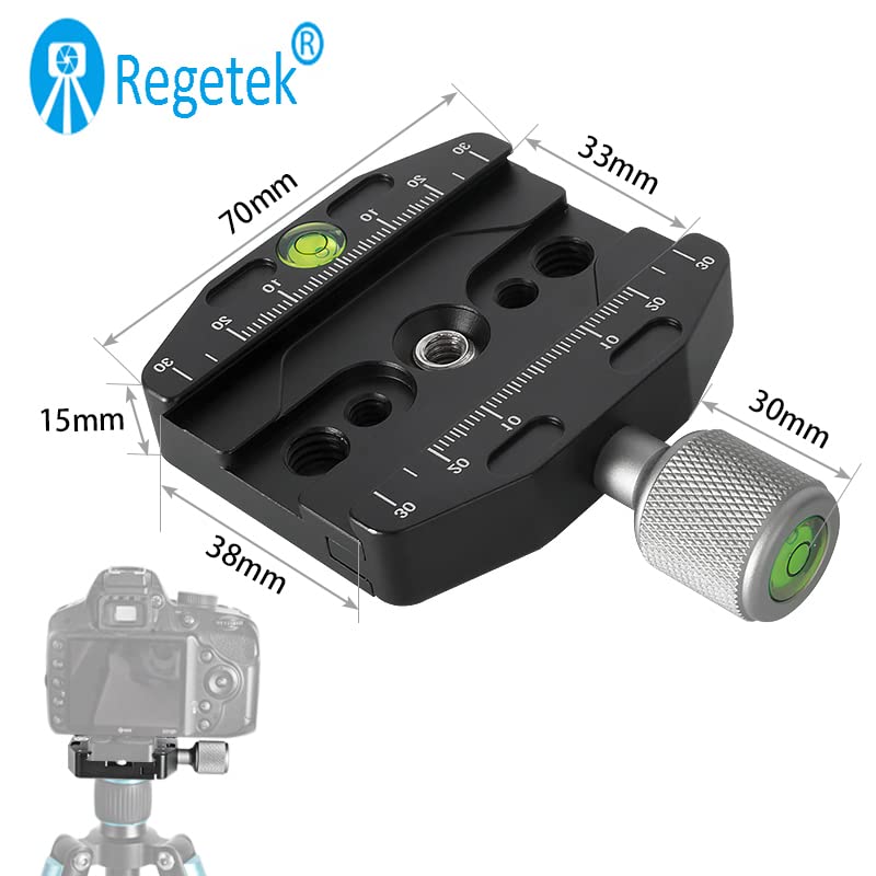 Regetek Aluminium 2.75''/70mm Arca Swiss Quick Release Clamp, Arca QR Clamp 3/8-inch with 1/4-inch Screw and Bubble Level, Adjustable Lever Knob, Compatible with Arca-Swiss Plate Tripod Ball Head