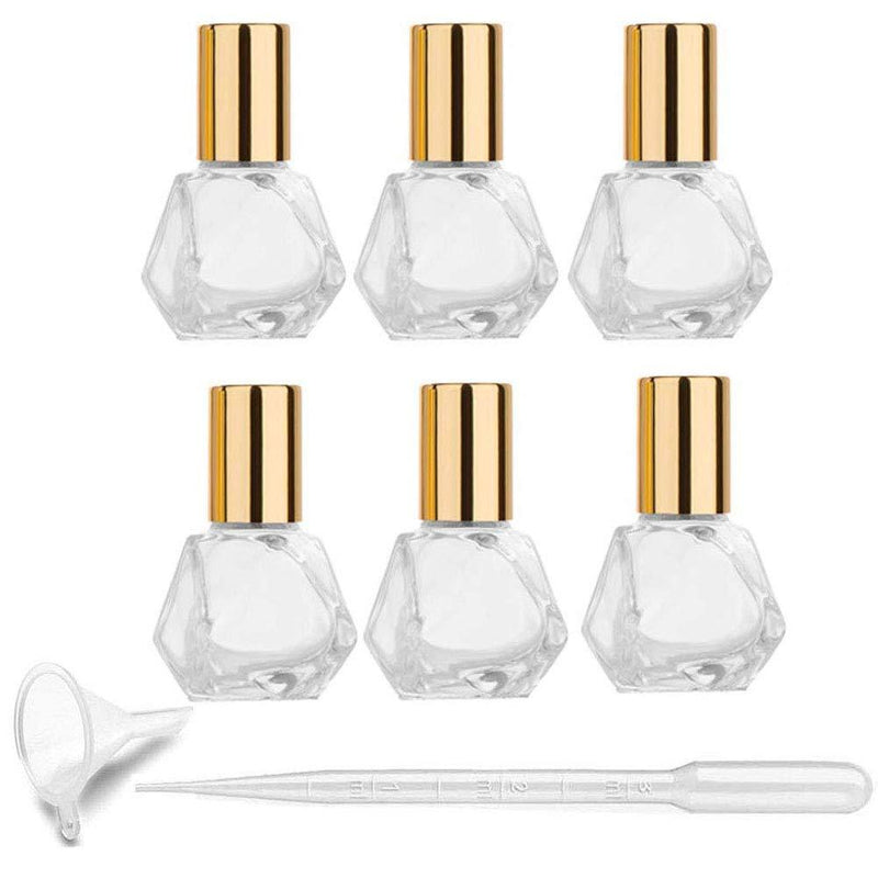 6Pcs 5ml (1/6 oz) DIY Travel Essential Oil Roller Bottle Polygonal Clear Glass Cosmetic Contaners Vials for Essential Oils Perfumes Aromatherapy, 1pc Funnel and Dropper, Roll on Bottles with Gold Cap