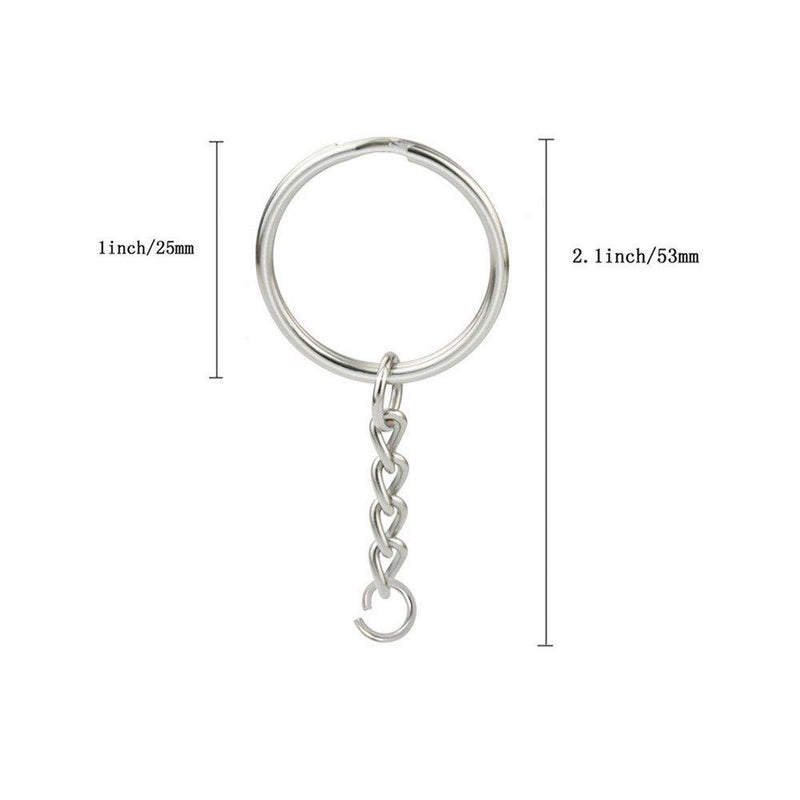 KINGFOREST 100PCS Split Key Ring with Chain 1 inch and Jump Rings,Split Key Ring with Chain Silver Color Metal Split Key Chain Ring Parts with Open Jump Ring and Connector.