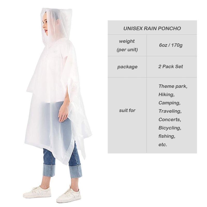 ANTVEE Rain Ponchos for women and men (2 Pack) with Drawstring Hood White