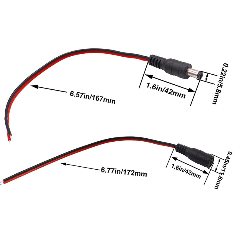 Taiss 10 Pairs 18AWG DC Power Pigtail Cable12V 5A, Used in CCTV Surveillance Camera Pigtail Power Plug Adapter 5.5mm x 2.1mm Male and Female Connectors.F-001-2S-10P