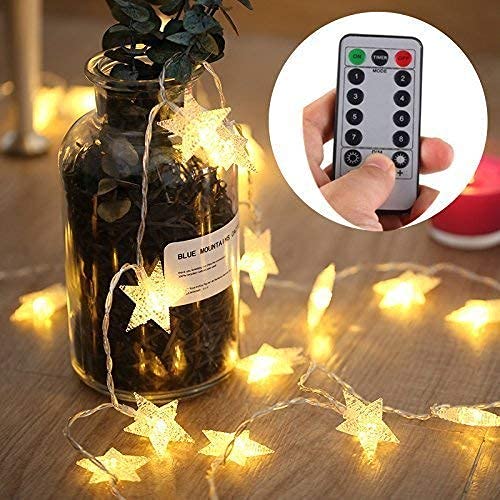 echosari [Upgraded Version] 16 Feet 50 LED Christmas Star LED String Lights with Remote & Timer Battery Operated Fairy String Lights for Indoor & Outdoor Garden, Wedding Decoration (Warm White) 50l With Remote