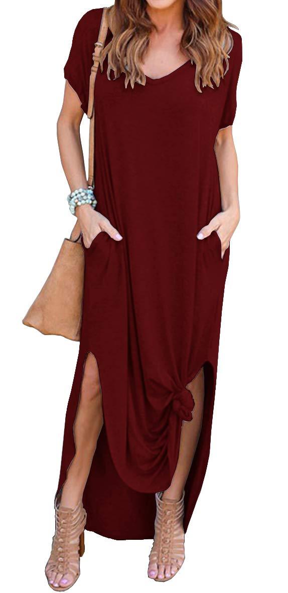 GRECERELLE Women's Casual Loose Pocket Long Dress Short Sleeve Split Maxi Dresses X-Small 02 Wine Red