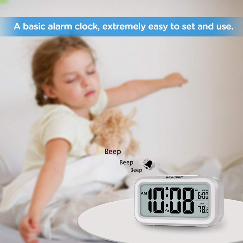 Peakeep Smart Night Light Digital Alarm Clock with Indoor Temperature, Battery Operated Desk Small Clock (White) White