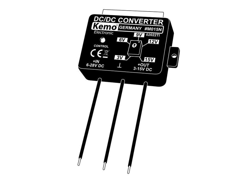 Kemo M015N adjustable voltage converter. Input voltage 6 - 28 V/DC - adjustable output voltage 3 - 15V stabilized & short circuit proof. Max. output current 1.5 A single pack