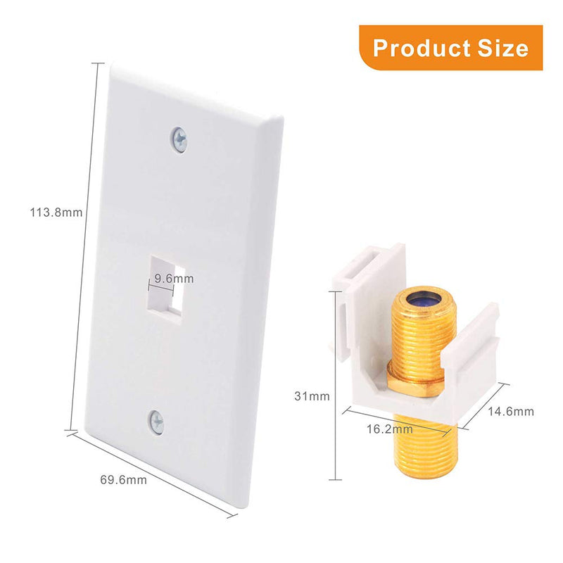 VCE Coax Wall Plate 2-Pack, 1-Port TV Cable Wall Plate 3GHz F-Type Keystone Coupler RG6 Wall Jack for Coaxial Cable, Single Gang, White