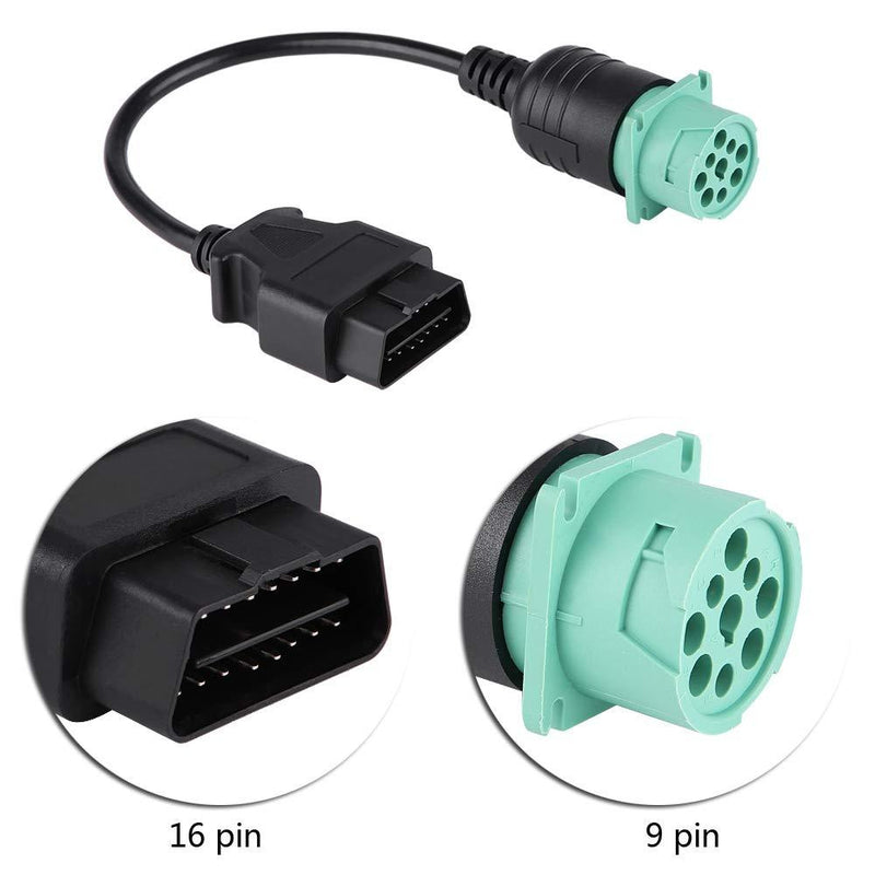 Truck Diagnostic Scanner Cable, 9 Pin to 16 Pin OBD2 Diagnostic Scanner Cable Adapter for Cummins Diesel Engine Truck (Black/Green)